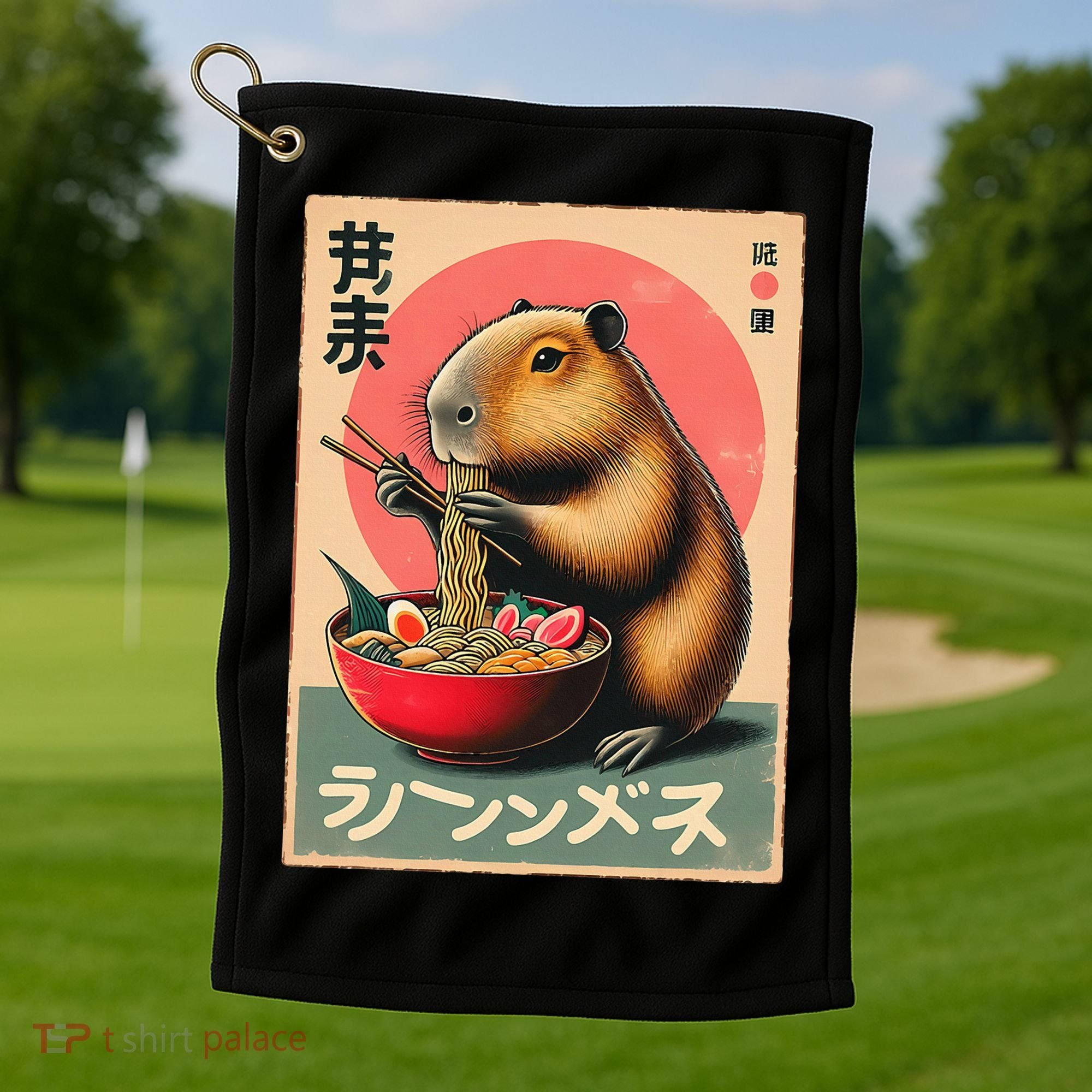 Capybara Eating Ramen Noodles Japanese Art Capybara Golf Towel