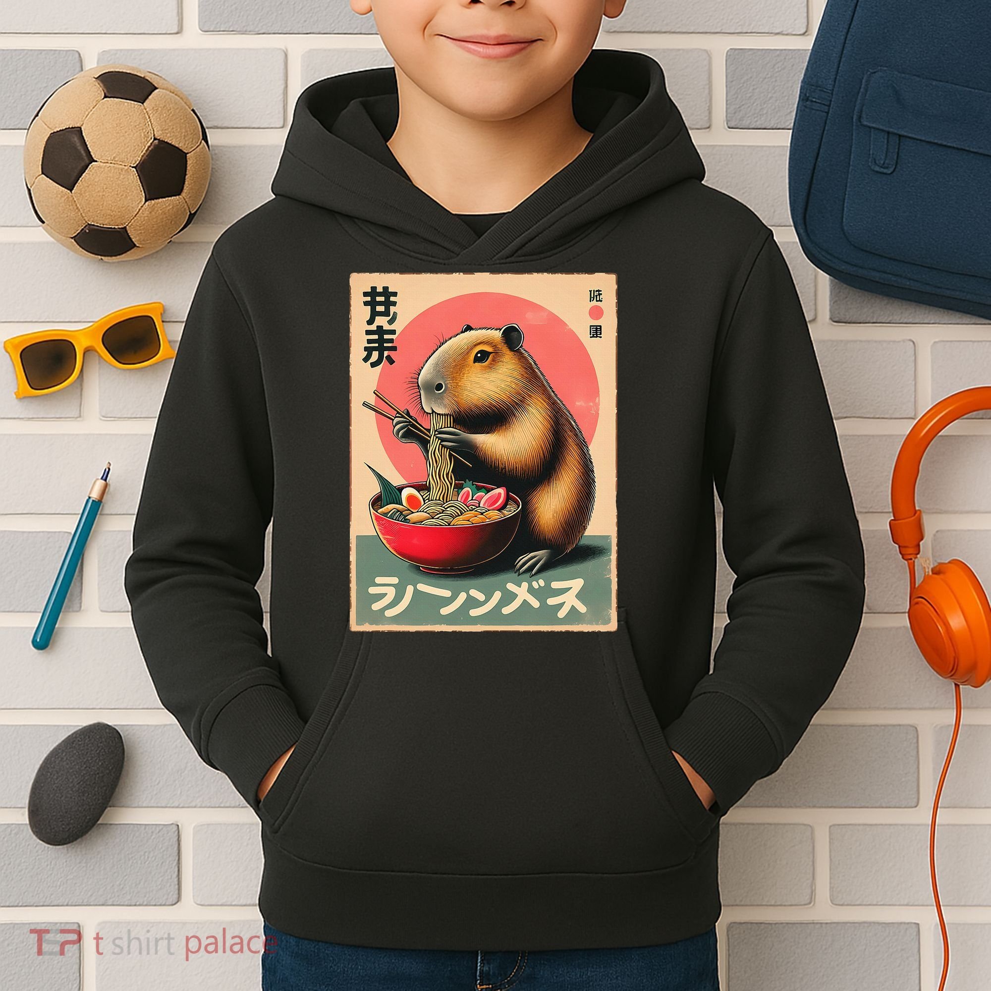 Capybara Eating Ramen Noodles Japanese Art Capybara Kids Hoodie