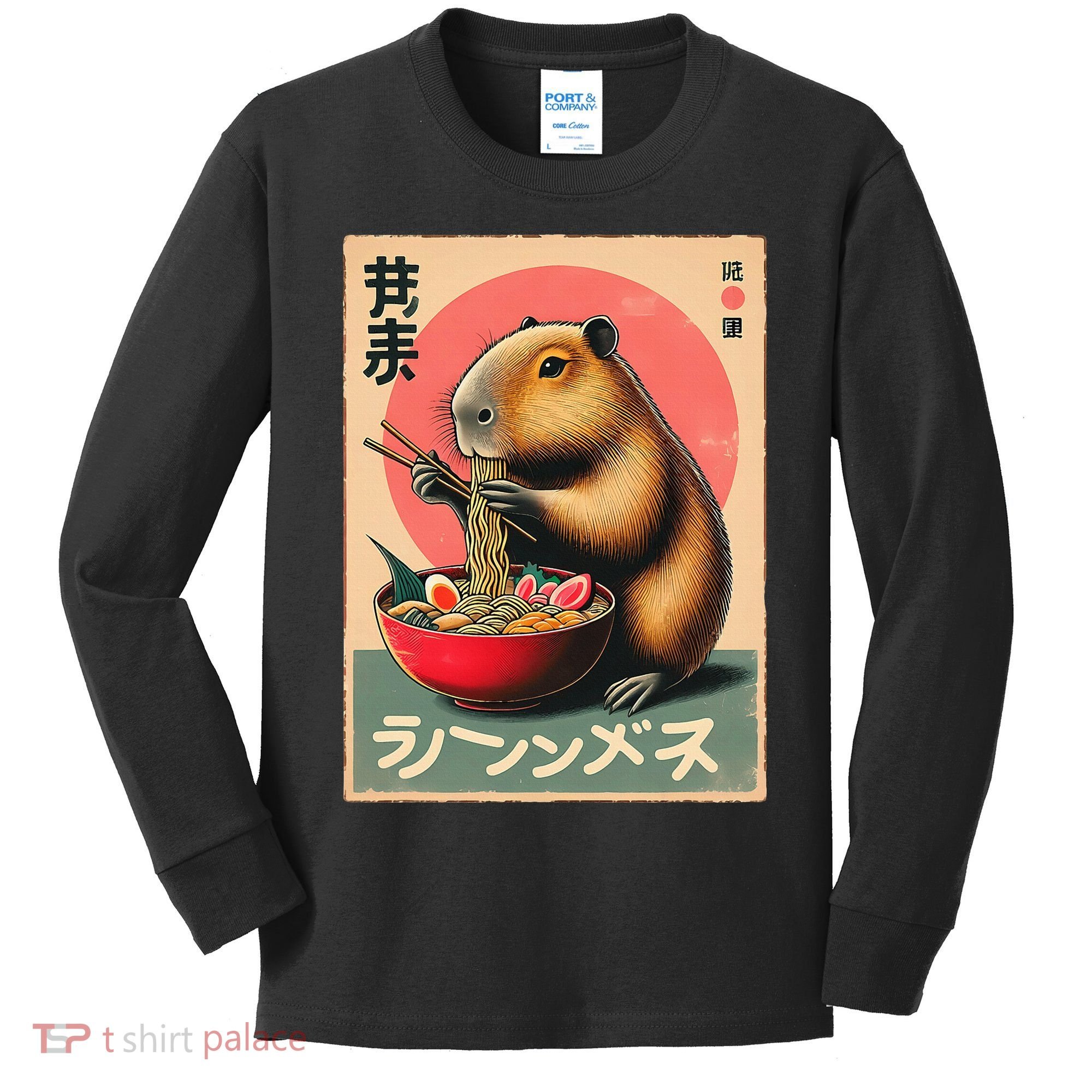 Capybara Eating Ramen Noodles Japanese Art Capybara Kids Long Sleeve Shirt