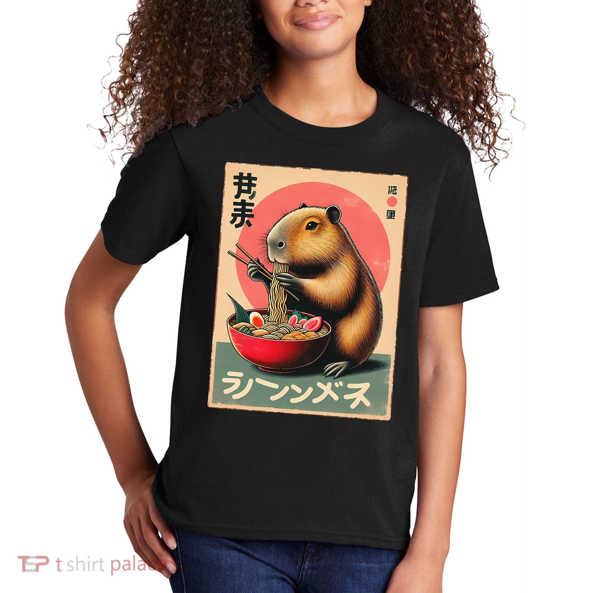 Capybara Eating Ramen Noodles Japanese Art Capybara Kids T-Shirt