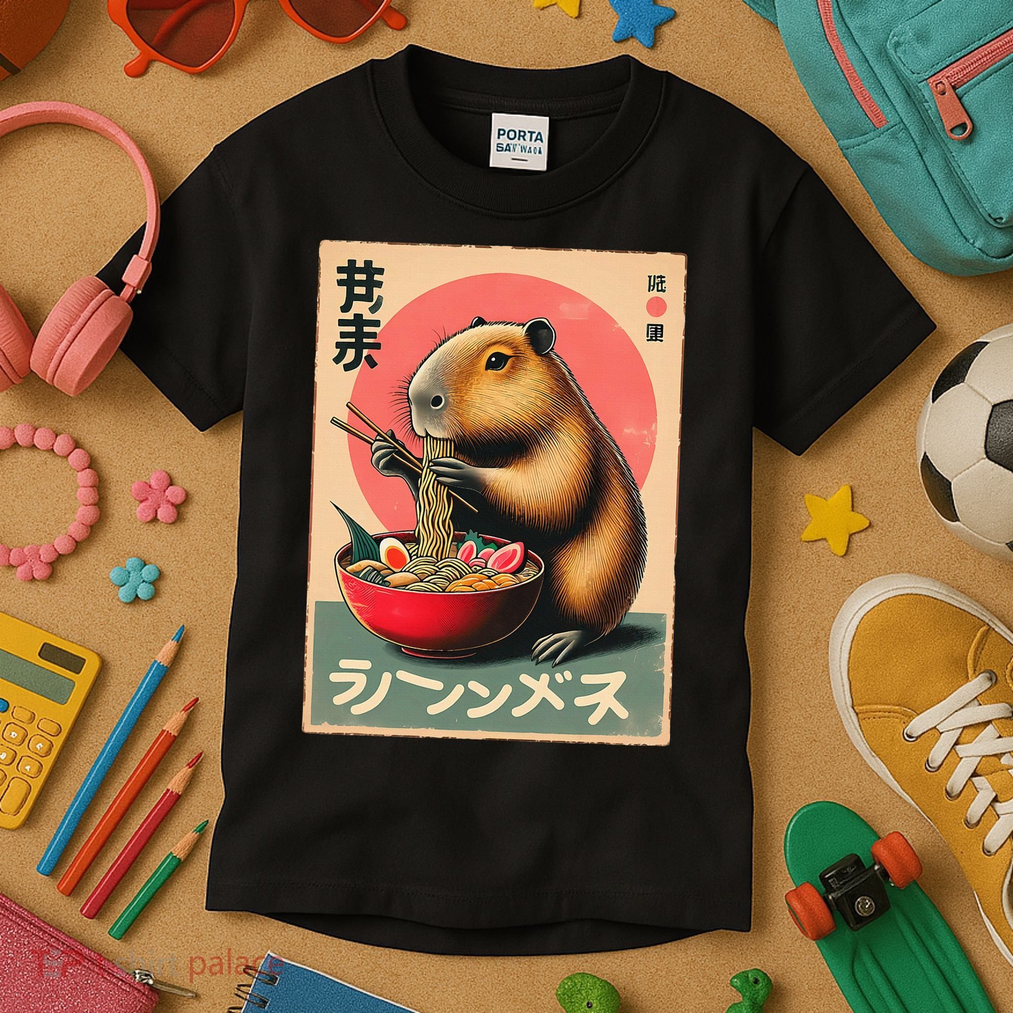 Capybara Eating Ramen Noodles Japanese Art Capybara Kids T-Shirt