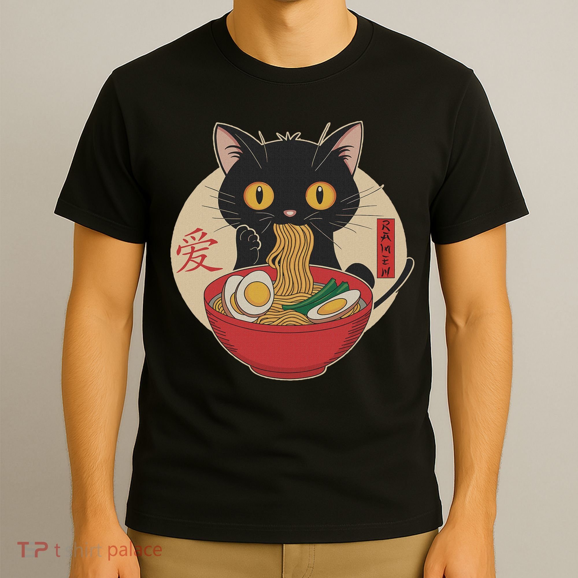 Cat Eating Ramen Noodles Funny Kawaii Japanese Anime Cat T-Shirt