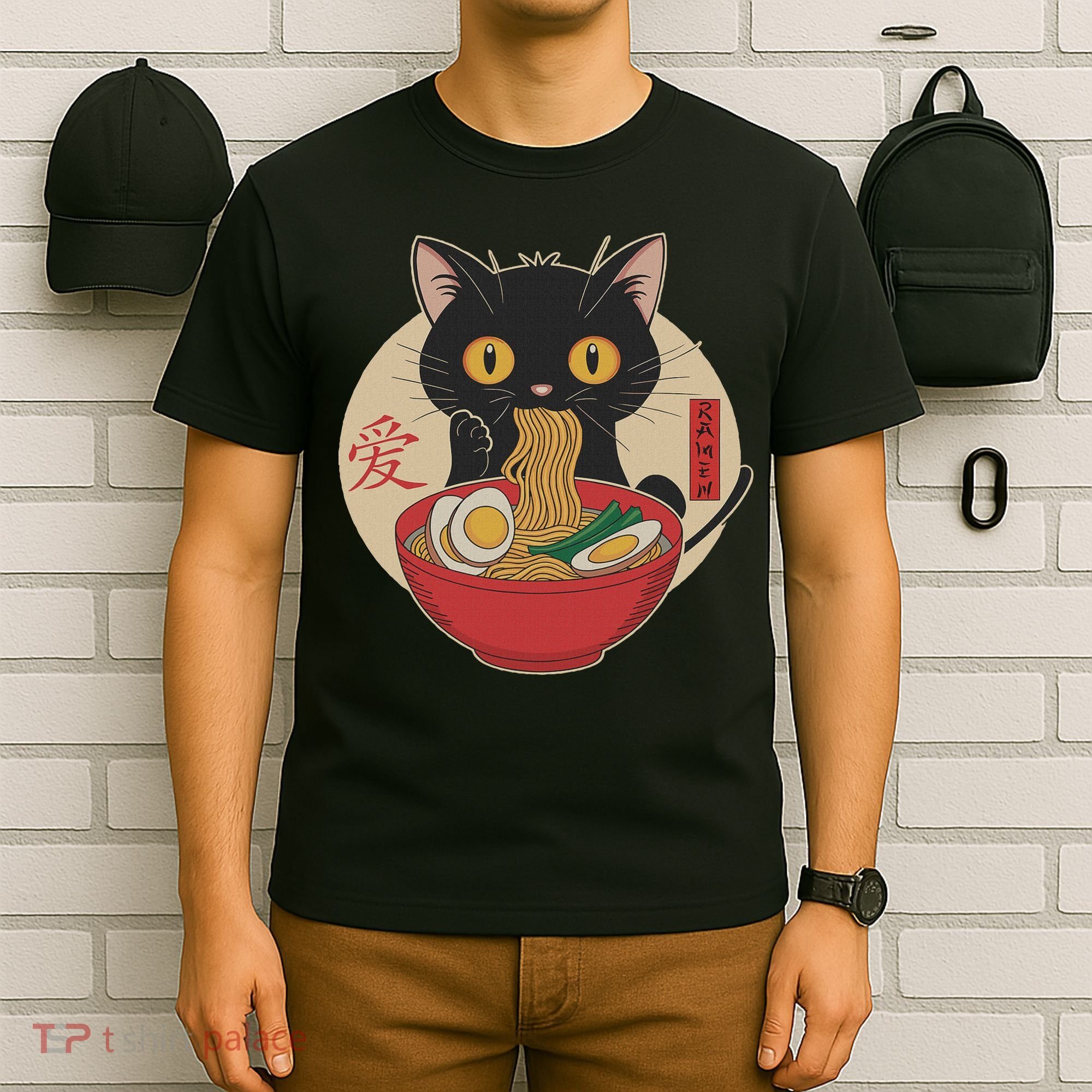 Cat Eating Ramen Noodles Funny Kawaii Japanese Anime Cat T-Shirt