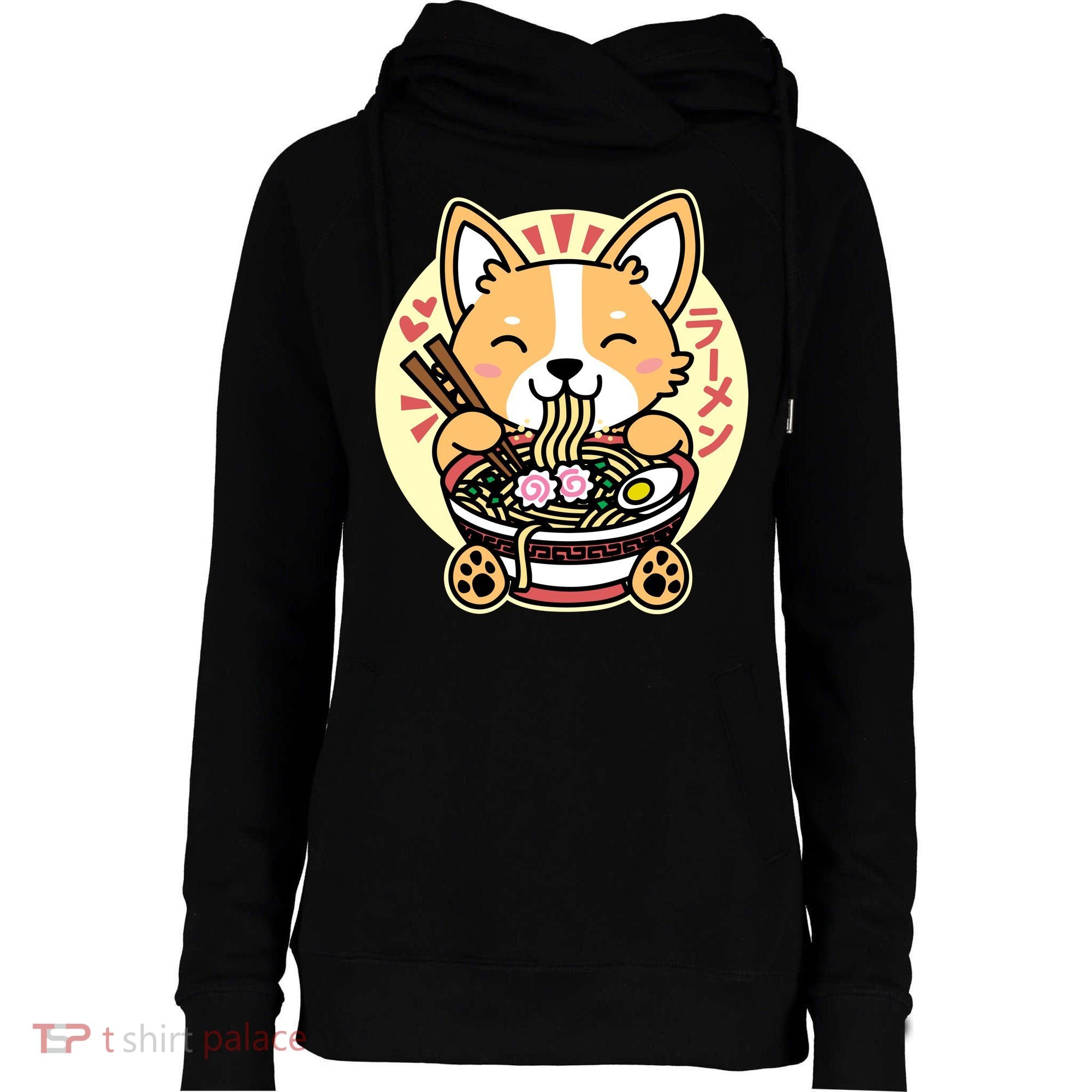 Corgi Eating Ramen Cute Kawaii Noodles Womens Funnel Neck Pullover Hood