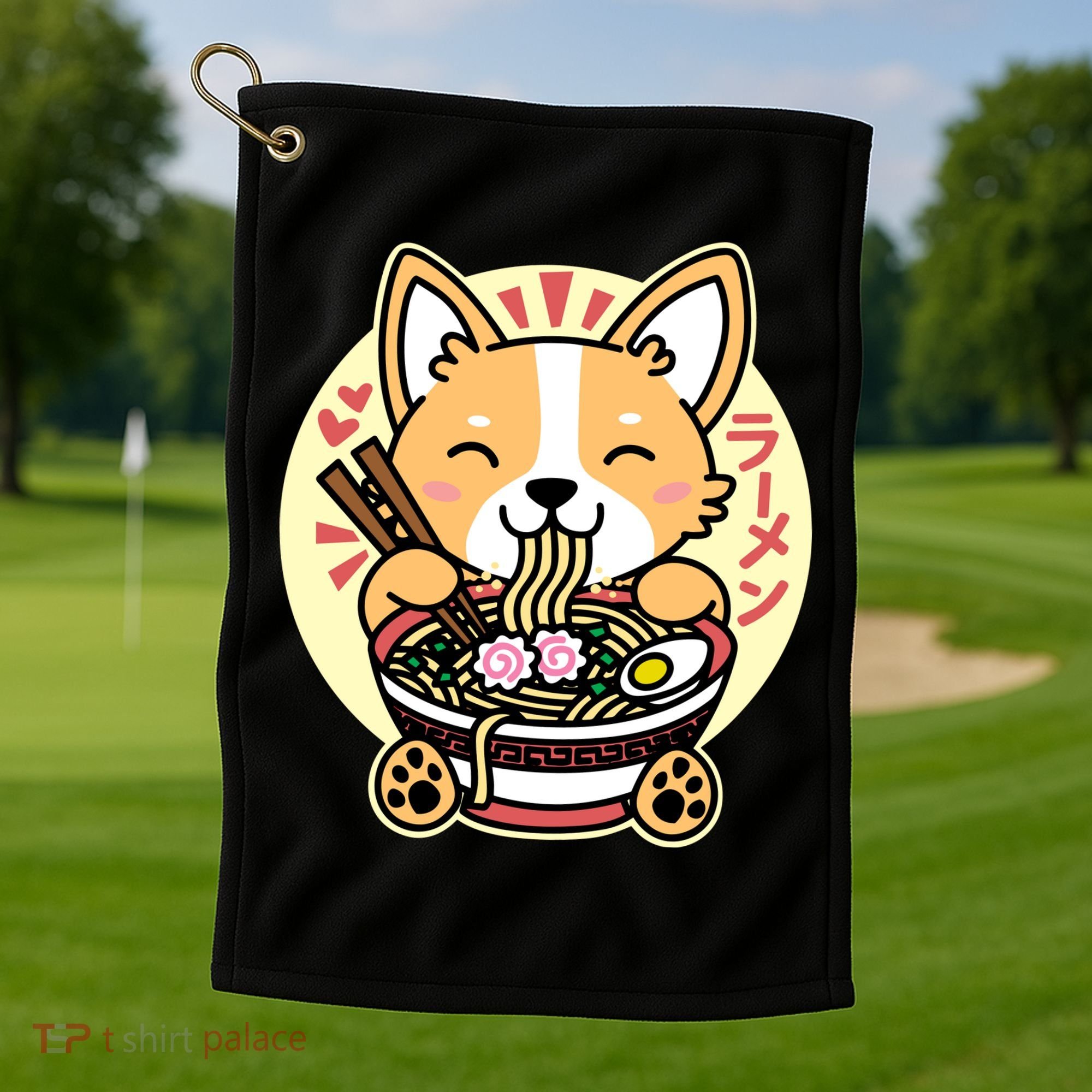 Corgi Eating Ramen Cute Kawaii Noodles Golf Towel