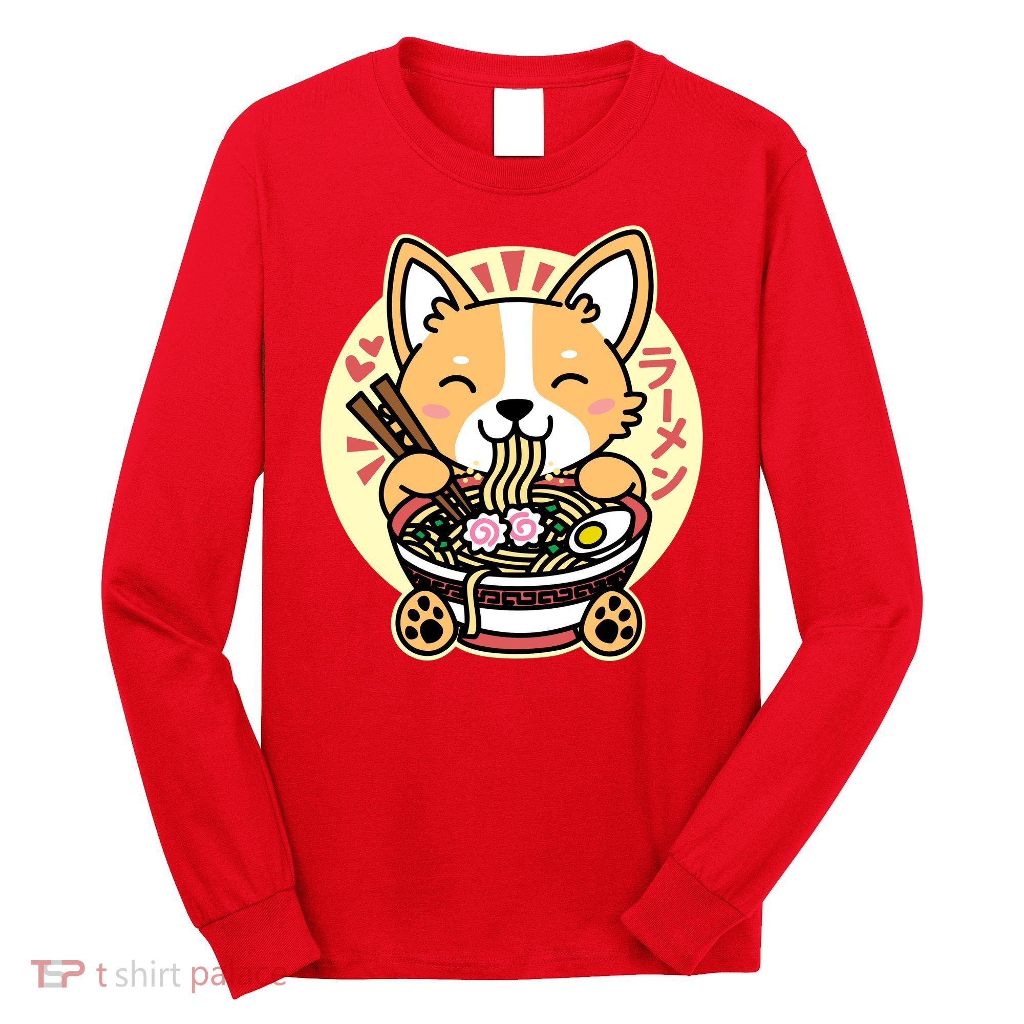 Corgi Eating Ramen Cute Kawaii Noodles Long Sleeve Shirt