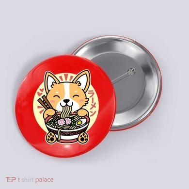 Corgi Eating Ramen Cute Kawaii Noodles Button