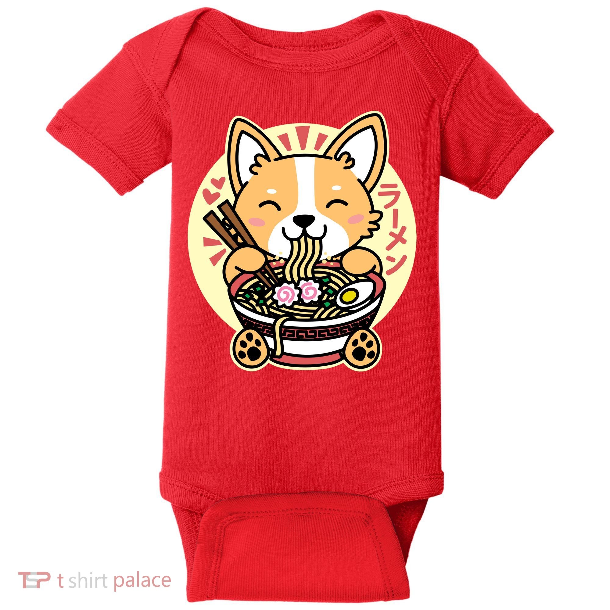 Corgi Eating Ramen Cute Kawaii Noodles Baby Bodysuit