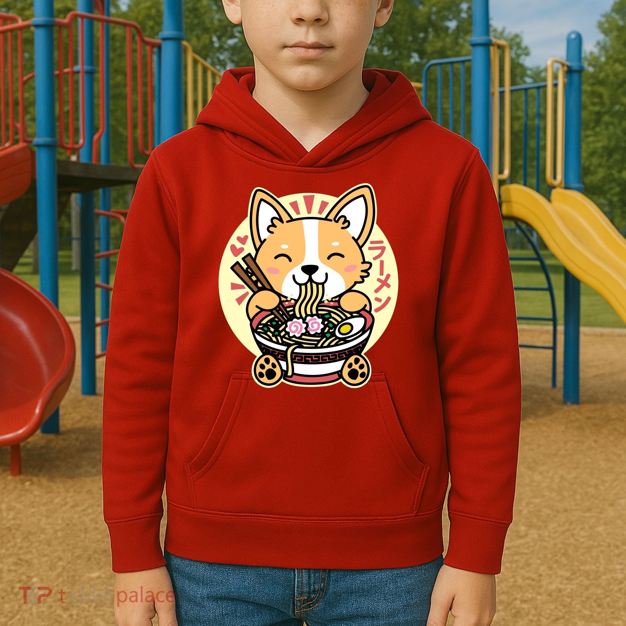 Corgi Eating Ramen Cute Kawaii Noodles Kids Hoodie