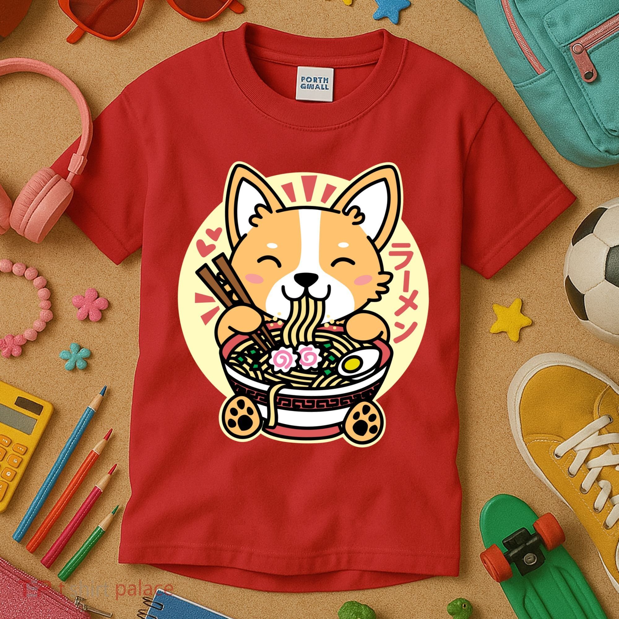 Corgi Eating Ramen Cute Kawaii Noodles Kids T-Shirt