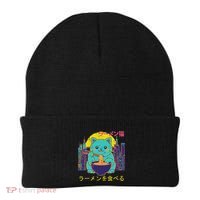 Cat Eating Ramen Vaporwave Japanese Beanie thumb 0