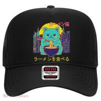 Cat Eating Ramen Vaporwave Japanese Hat thumb 0