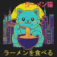 Cat Eating Ramen Vaporwave Japanese Hat thumb 2