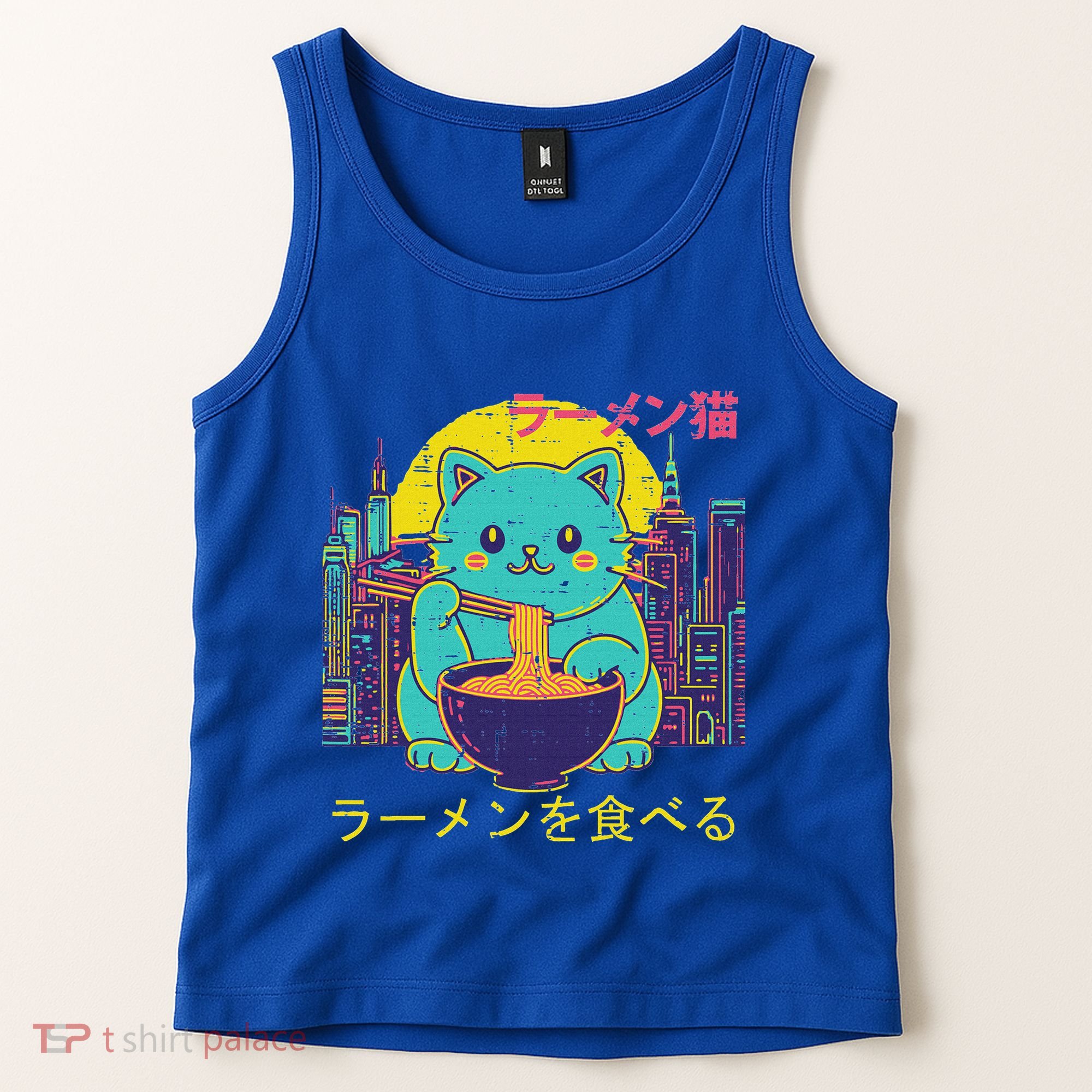 Cat Eating Ramen Vaporwave Japanese Tank Top