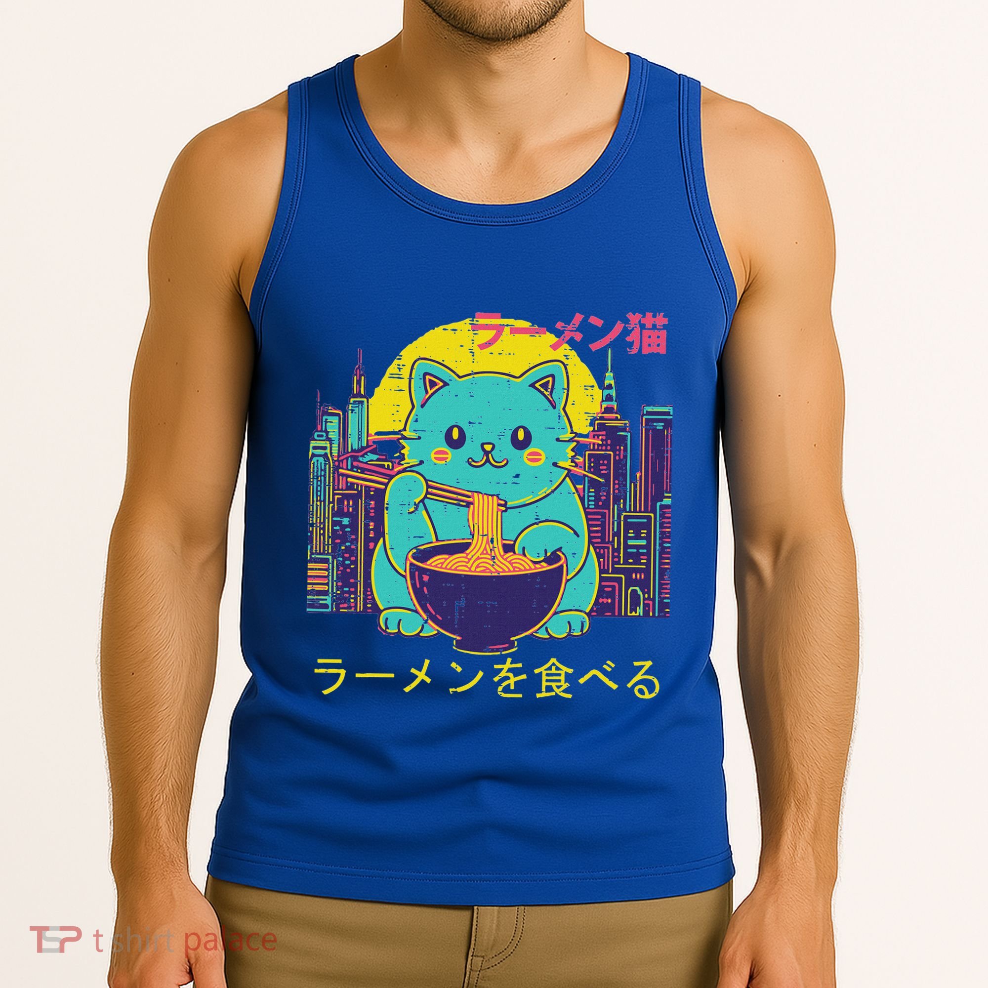 Cat Eating Ramen Vaporwave Japanese Tank Top