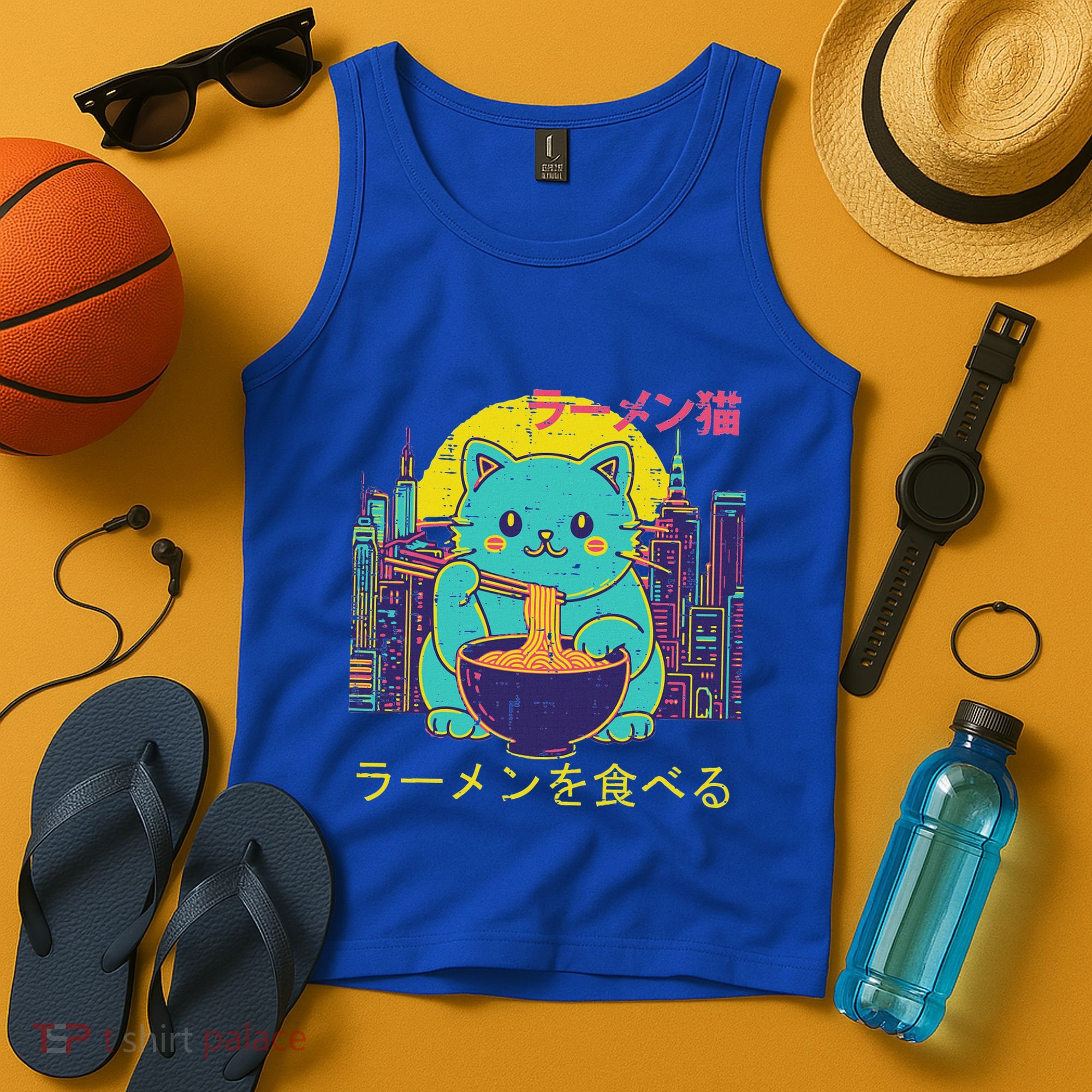 Cat Eating Ramen Vaporwave Japanese Tank Top