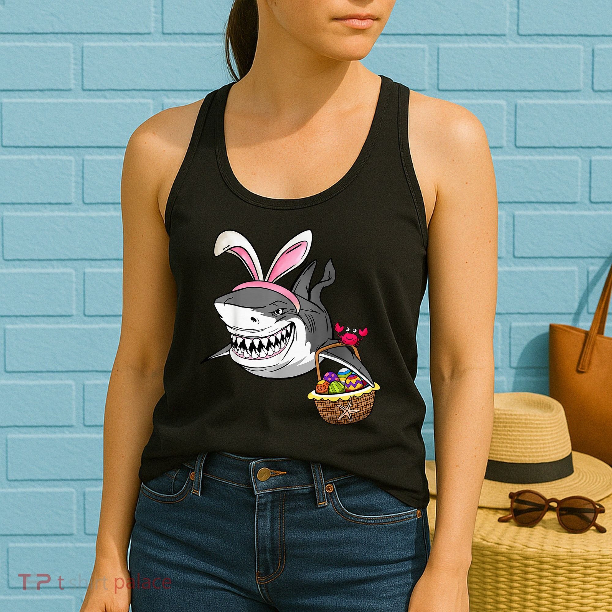 Cool Easter Shark Easter Basket Bunny Ears Happy Easter Women's Tank Top