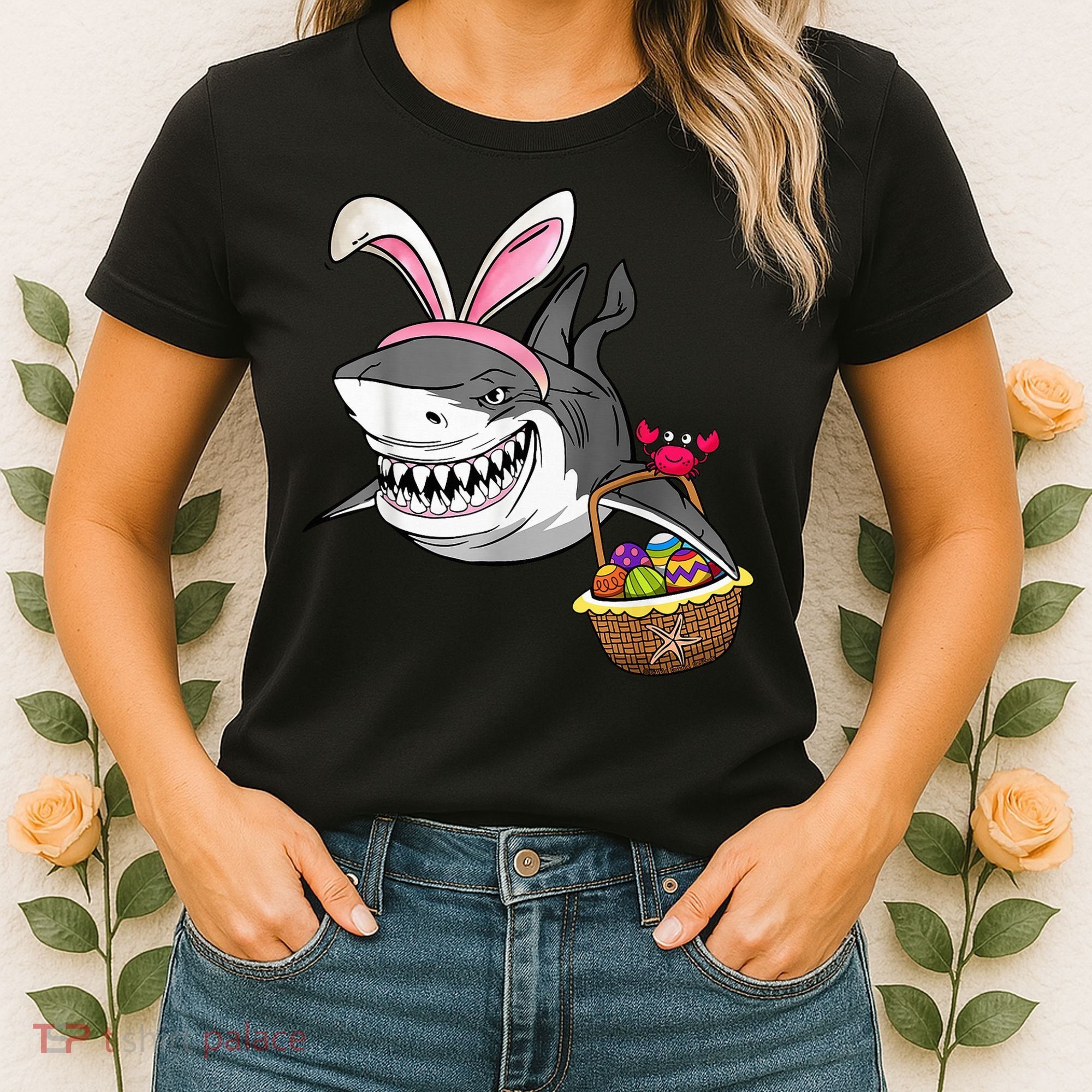 Cool Easter Shark Easter Basket Bunny Ears Happy Easter Women's T-Shirt