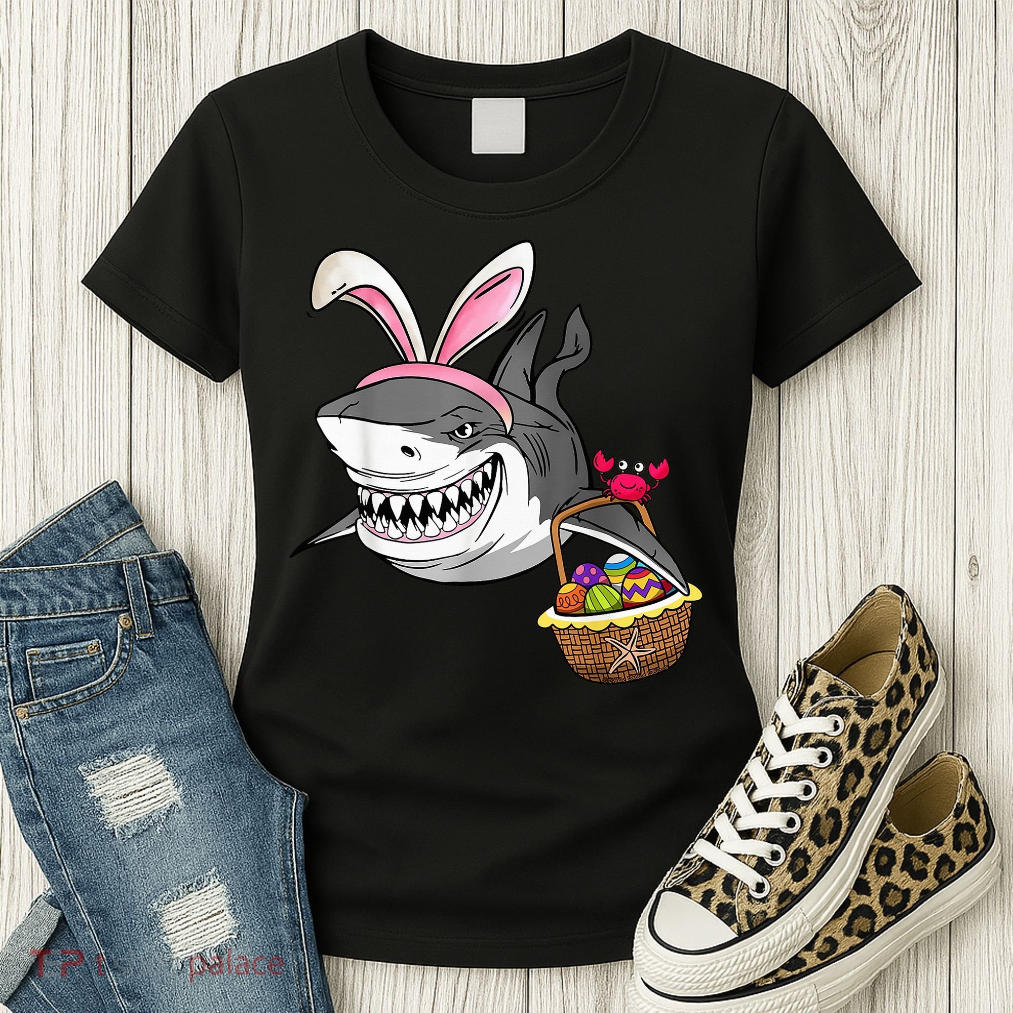 Cool Easter Shark Easter Basket Bunny Ears Happy Easter Women's T-Shirt