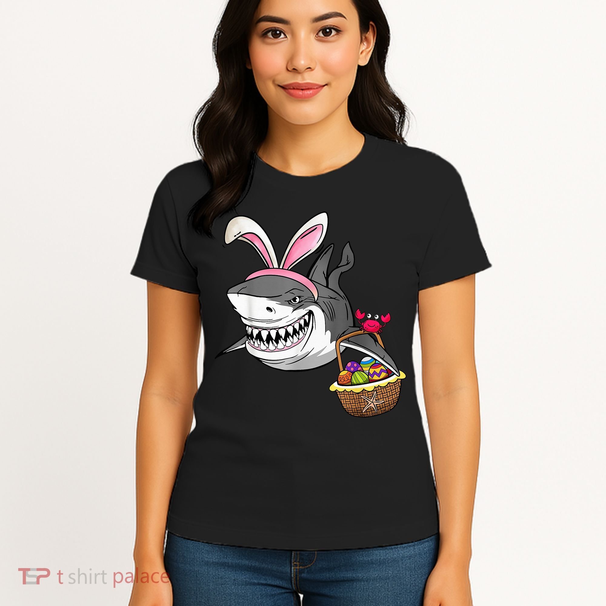 Cool Easter Shark Easter Basket Bunny Ears Happy Easter Women's T-Shirt