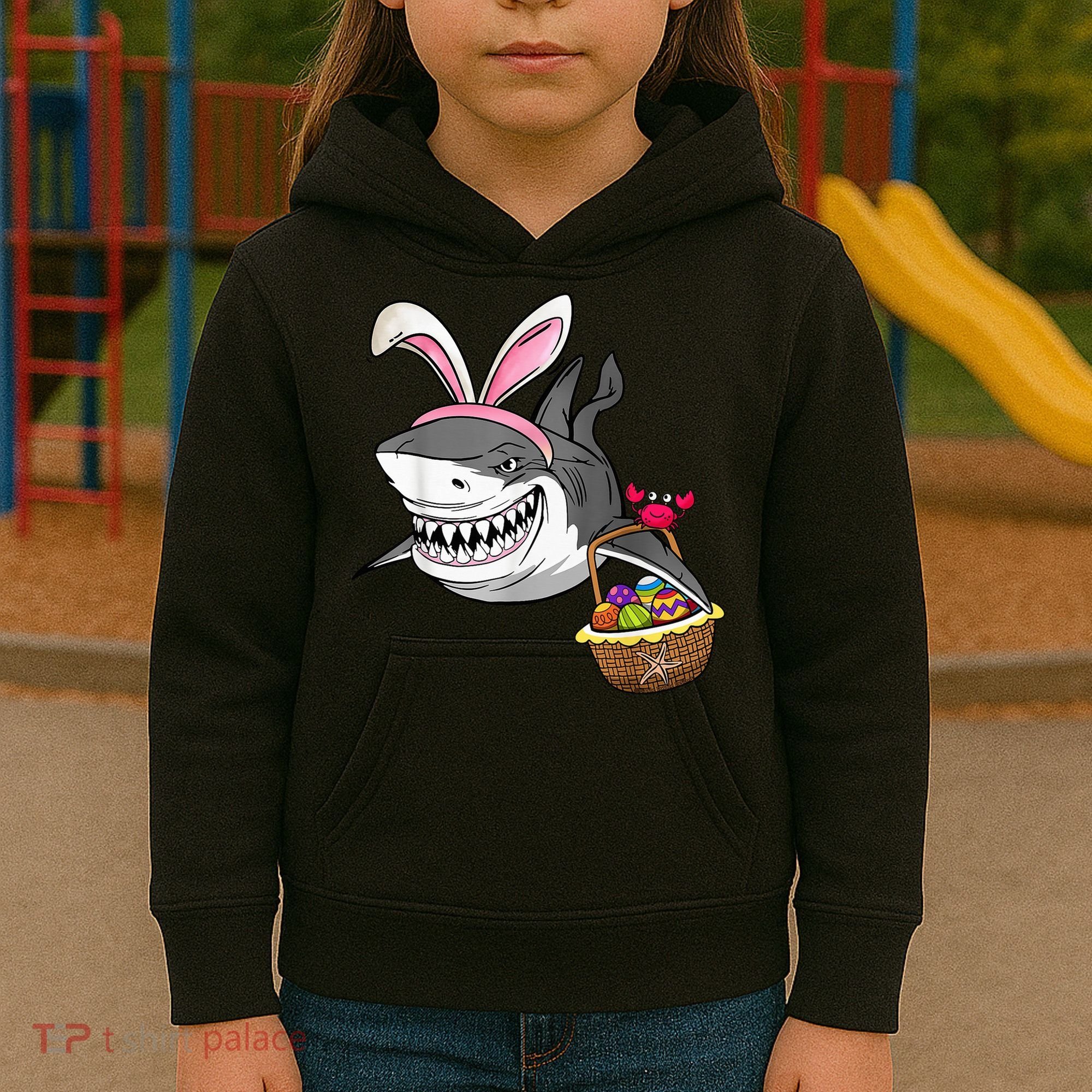 Cool Easter Shark Easter Basket Bunny Ears Happy Easter Kids Hoodie