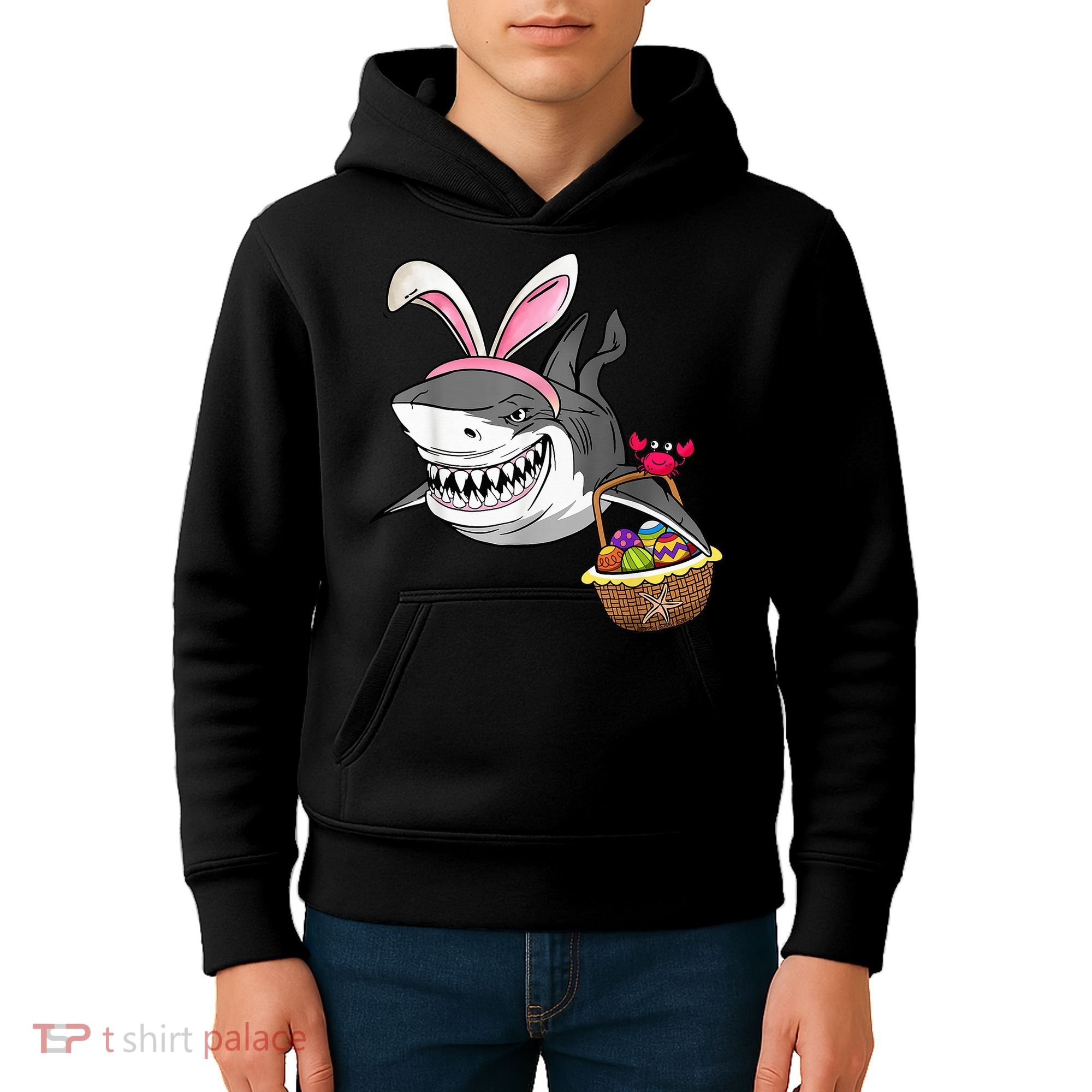 Cool Easter Shark Easter Basket Bunny Ears Happy Easter Kids Hoodie