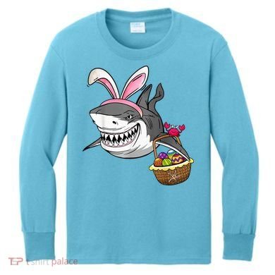 Cool Easter Shark Easter Basket Bunny Ears Happy Easter Kids Long Sleeve Shirt