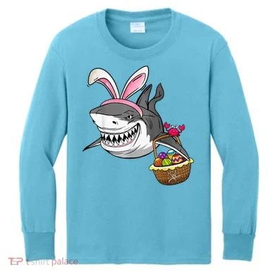 Cool Easter Shark Easter Basket Bunny Ears Happy Easter Kids Long Sleeve Shirt