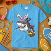 Cool Easter Shark Easter Basket Bunny Ears Happy Easter Kids T-Shirt thumb 3