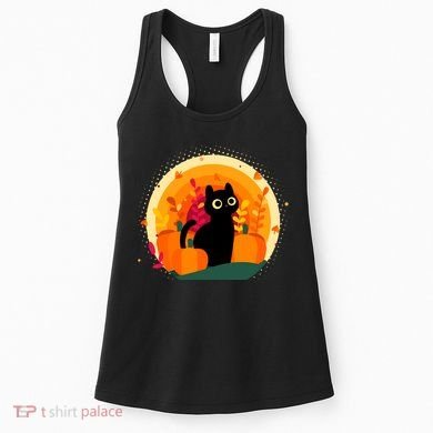 Cute Fall Autumn Lover Black Cat And Pumpkins Women's Tank Top