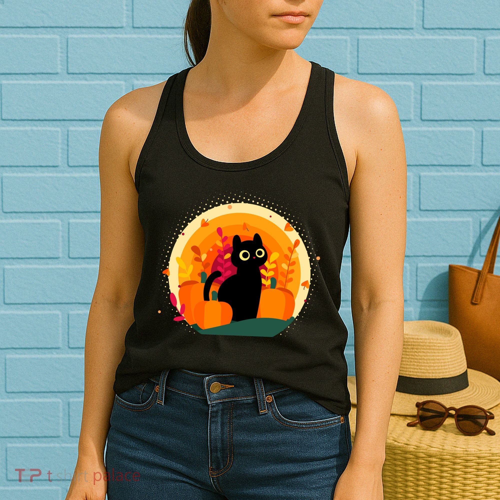 Cute Fall Autumn Lover Black Cat And Pumpkins Women's Tank Top