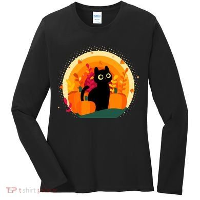 Cute Fall Autumn Lover Black Cat And Pumpkins Women's Long Sleeve Shirt