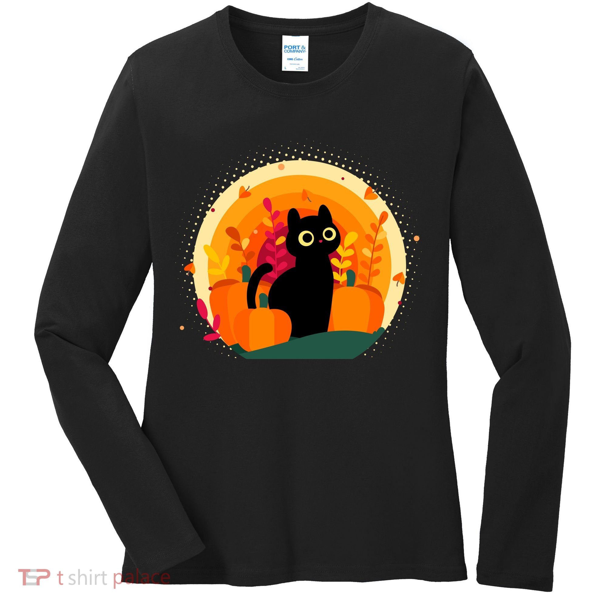 Cute Fall Autumn Lover Black Cat And Pumpkins Women's Long Sleeve Shirt