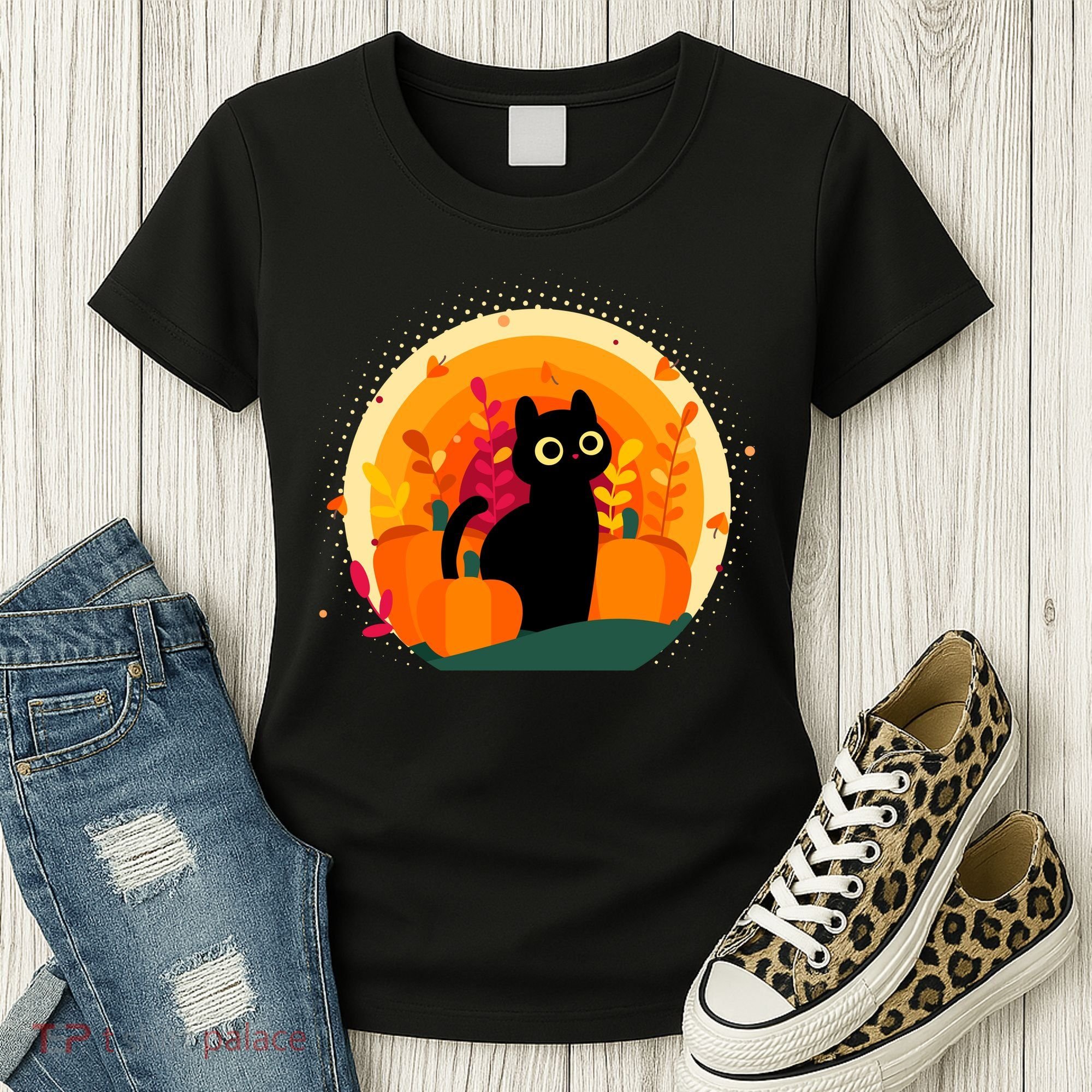 Cute Fall Autumn Lover Black Cat And Pumpkins Women's T-Shirt