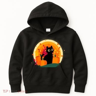 Cute Fall Autumn Lover Black Cat And Pumpkins Kids Hoodie