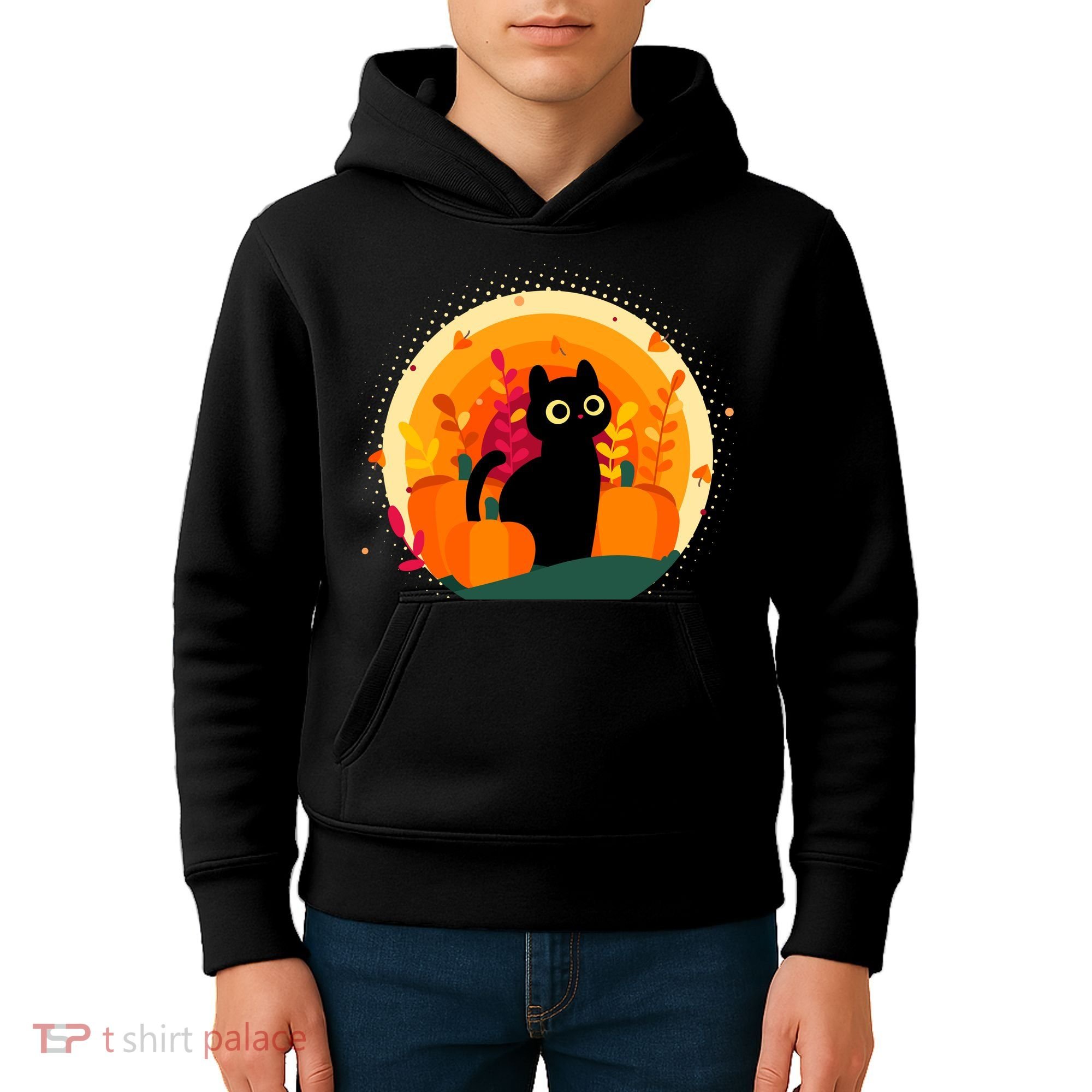 Cute Fall Autumn Lover Black Cat And Pumpkins Kids Hoodie
