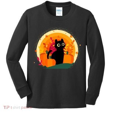 Cute Fall Autumn Lover Black Cat And Pumpkins Kids Long Sleeve Shirt
