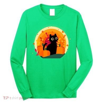 Cute Fall Autumn Lover Black Cat And Pumpkins Long Sleeve Shirt