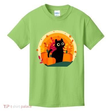 Cute Fall Autumn Lover Black Cat And Pumpkins Kids T-Shirt