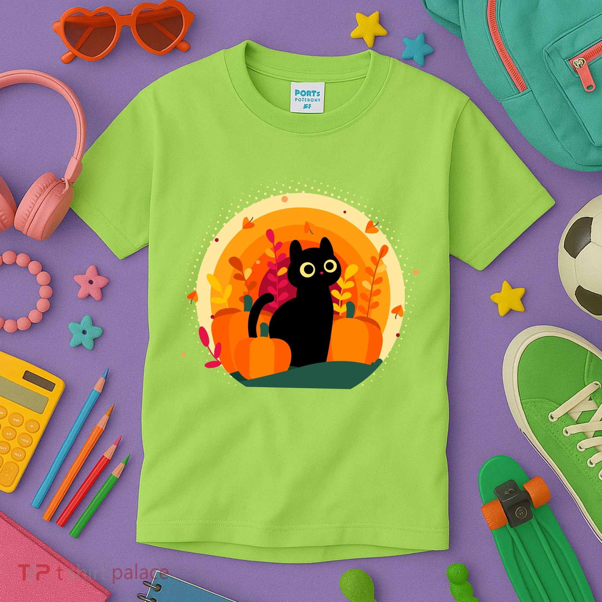 Cute Fall Autumn Lover Black Cat And Pumpkins Kids T-Shirt