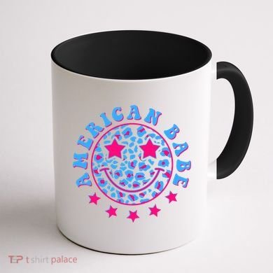 Cute Funny American Babe Leopard Print Smiley Emoji Coffee Mug back