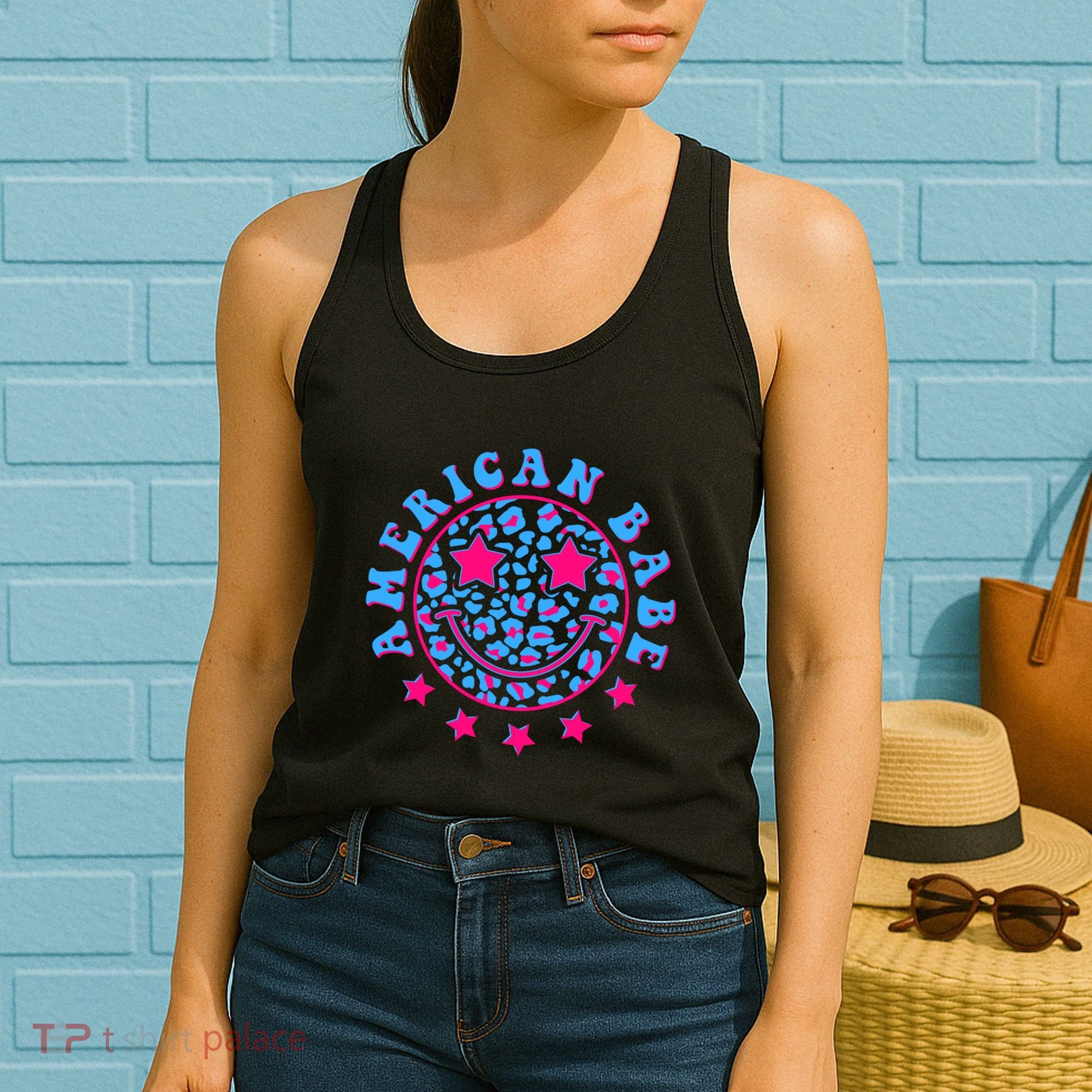 Cute Funny American Babe Leopard Print Smiley Emoji Women's Tank Top