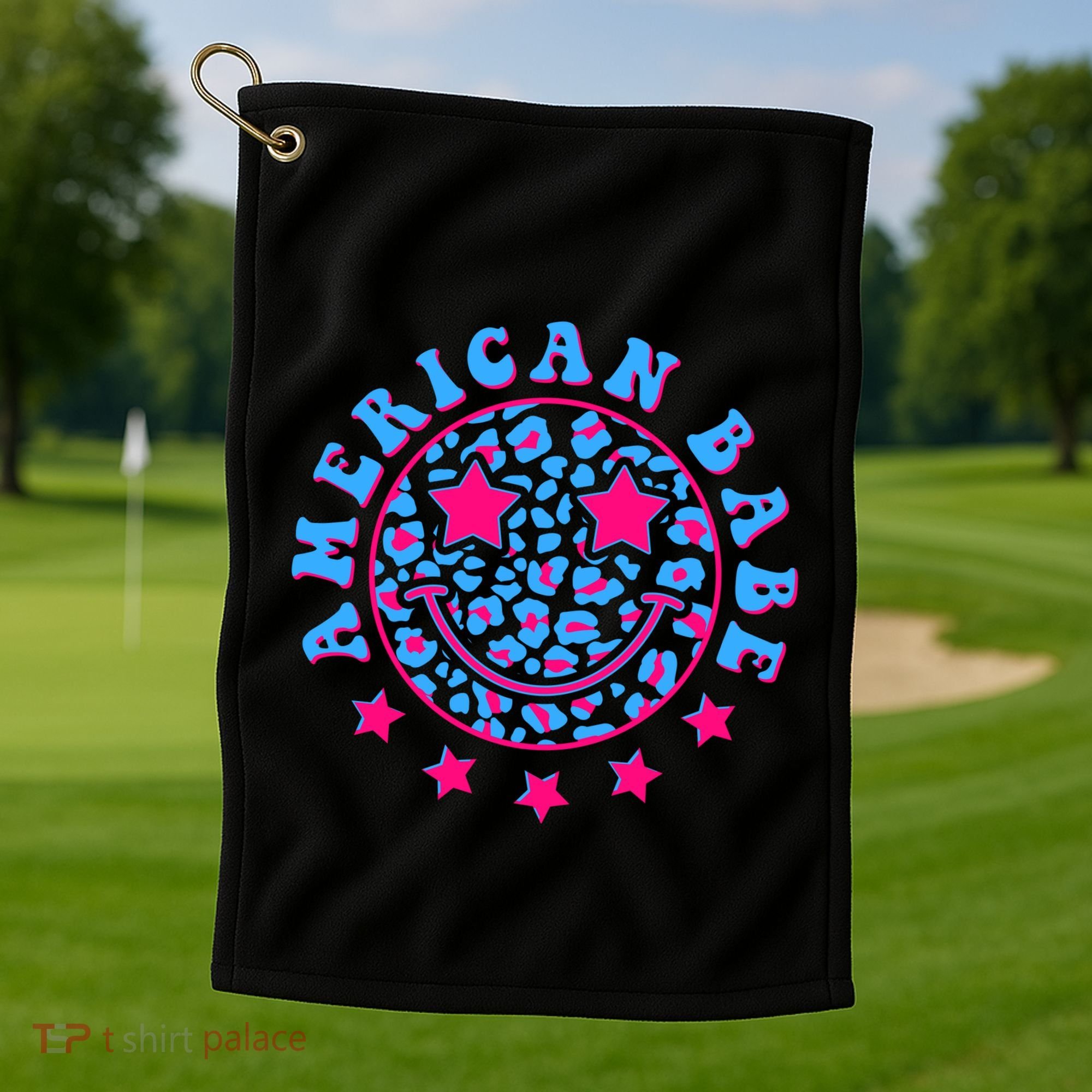 Cute Funny American Babe Leopard Print Smiley Emoji Golf Towel