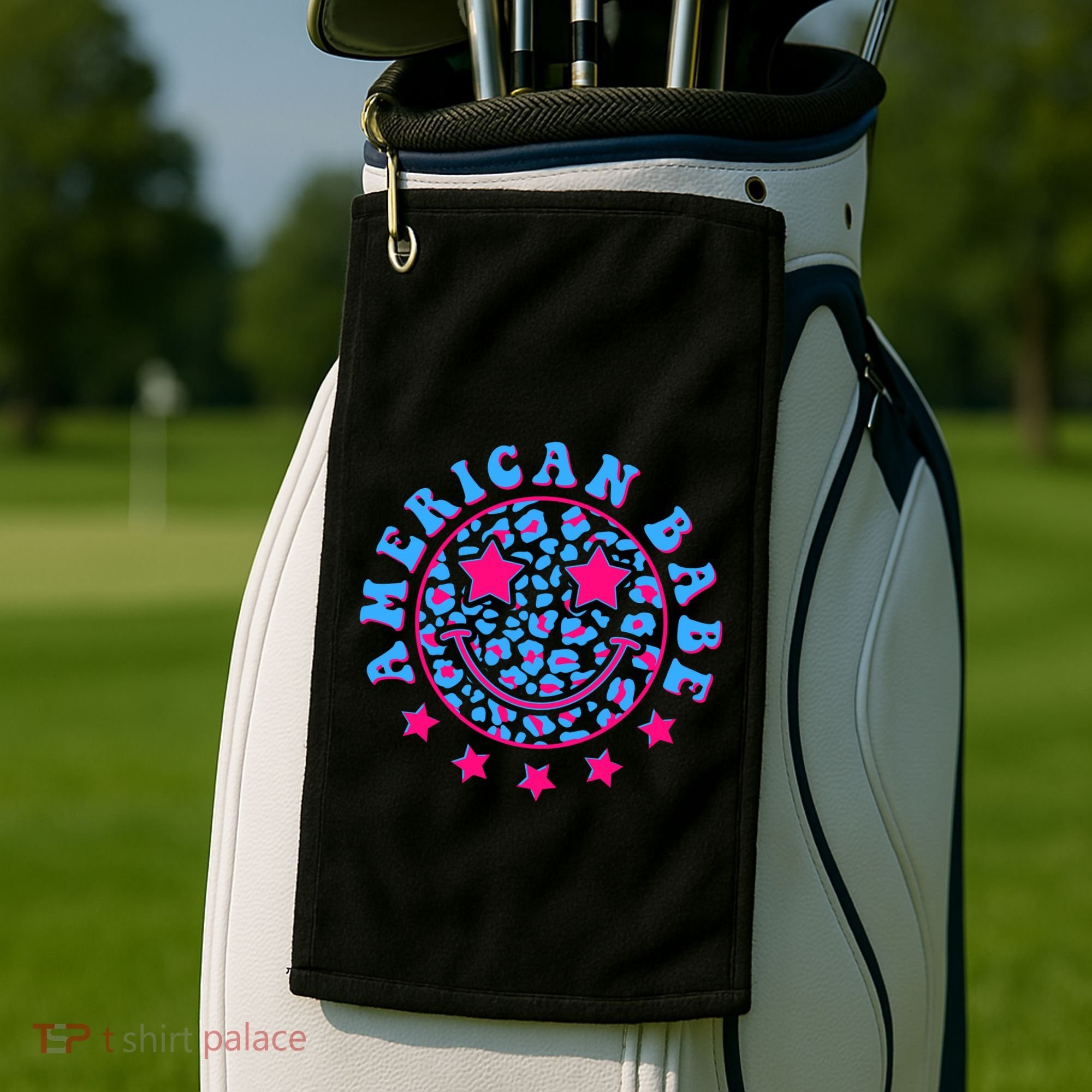 Cute Funny American Babe Leopard Print Smiley Emoji Golf Towel