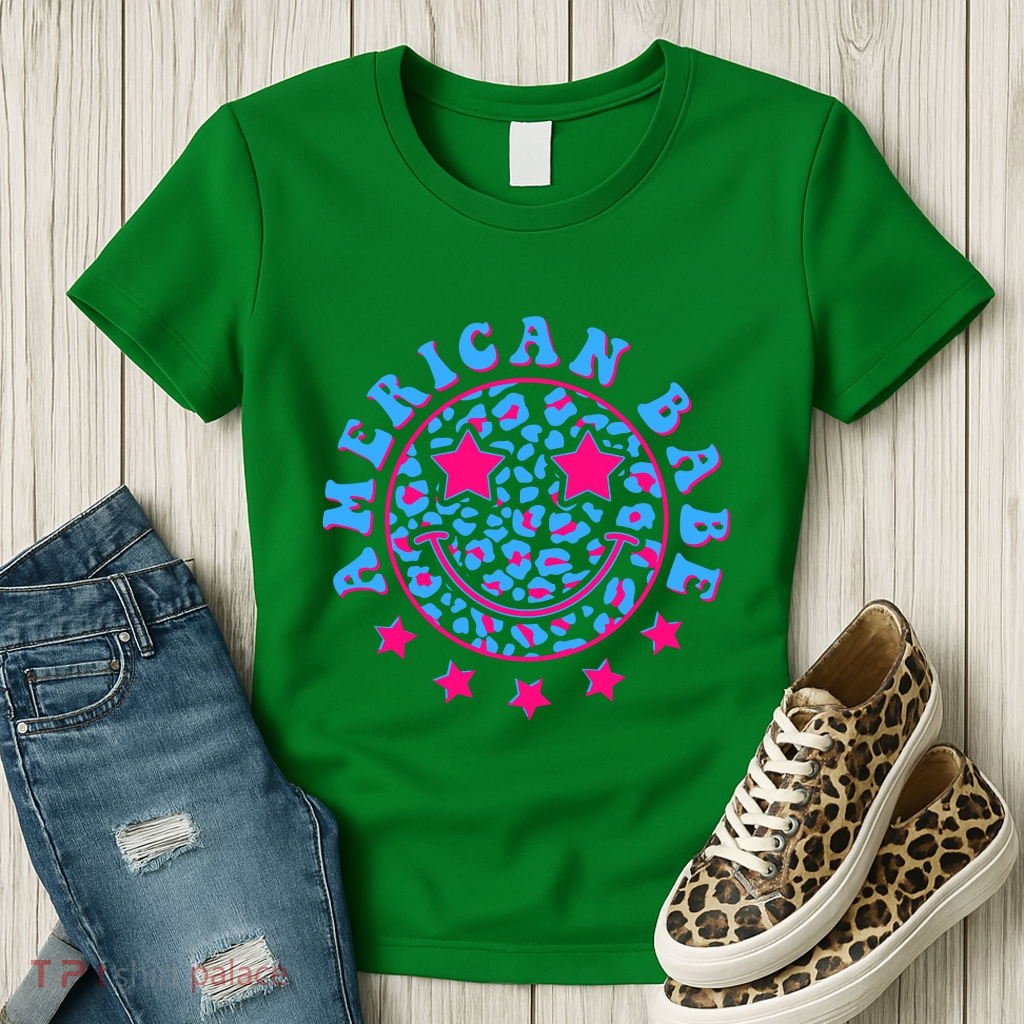 Cute Funny American Babe Leopard Print Smiley Emoji Women's T-Shirt