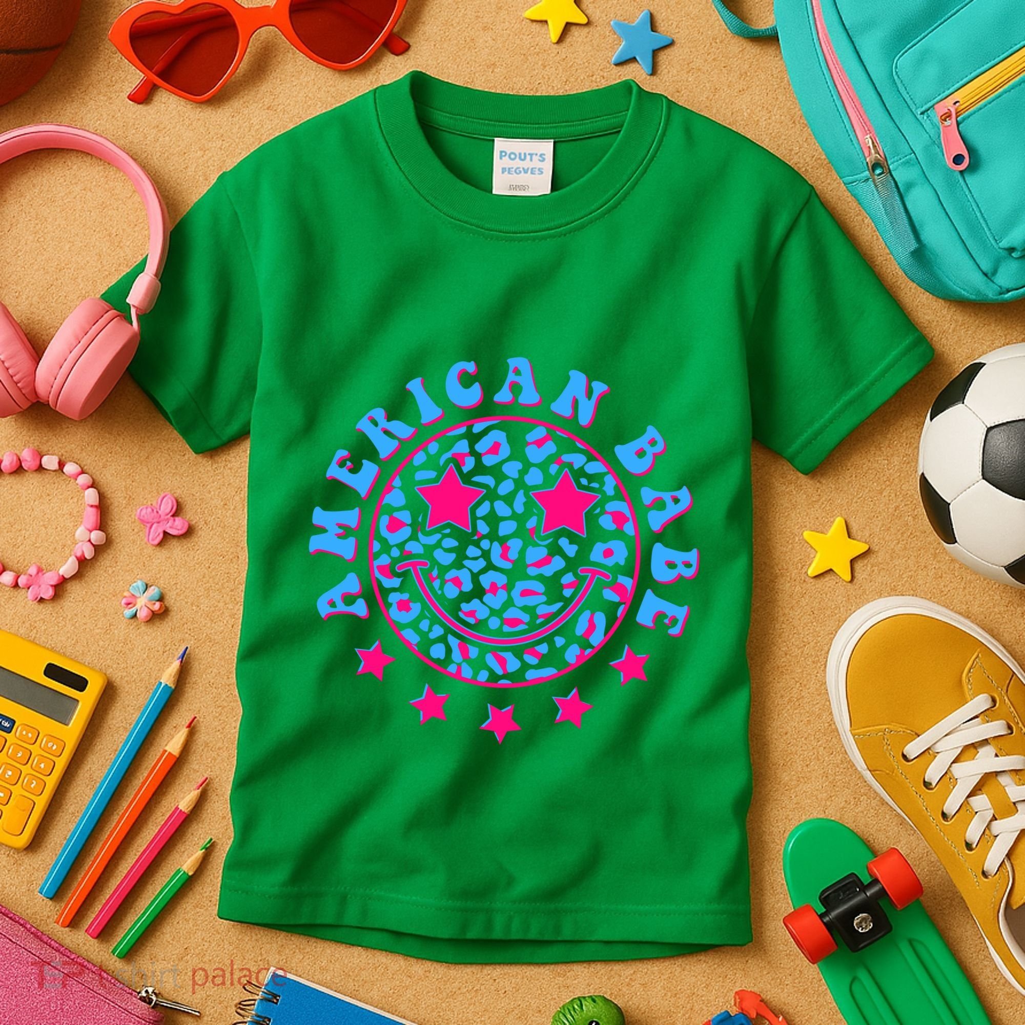 Cute Funny American Babe Leopard Print Smiley Emoji Kids T-Shirt