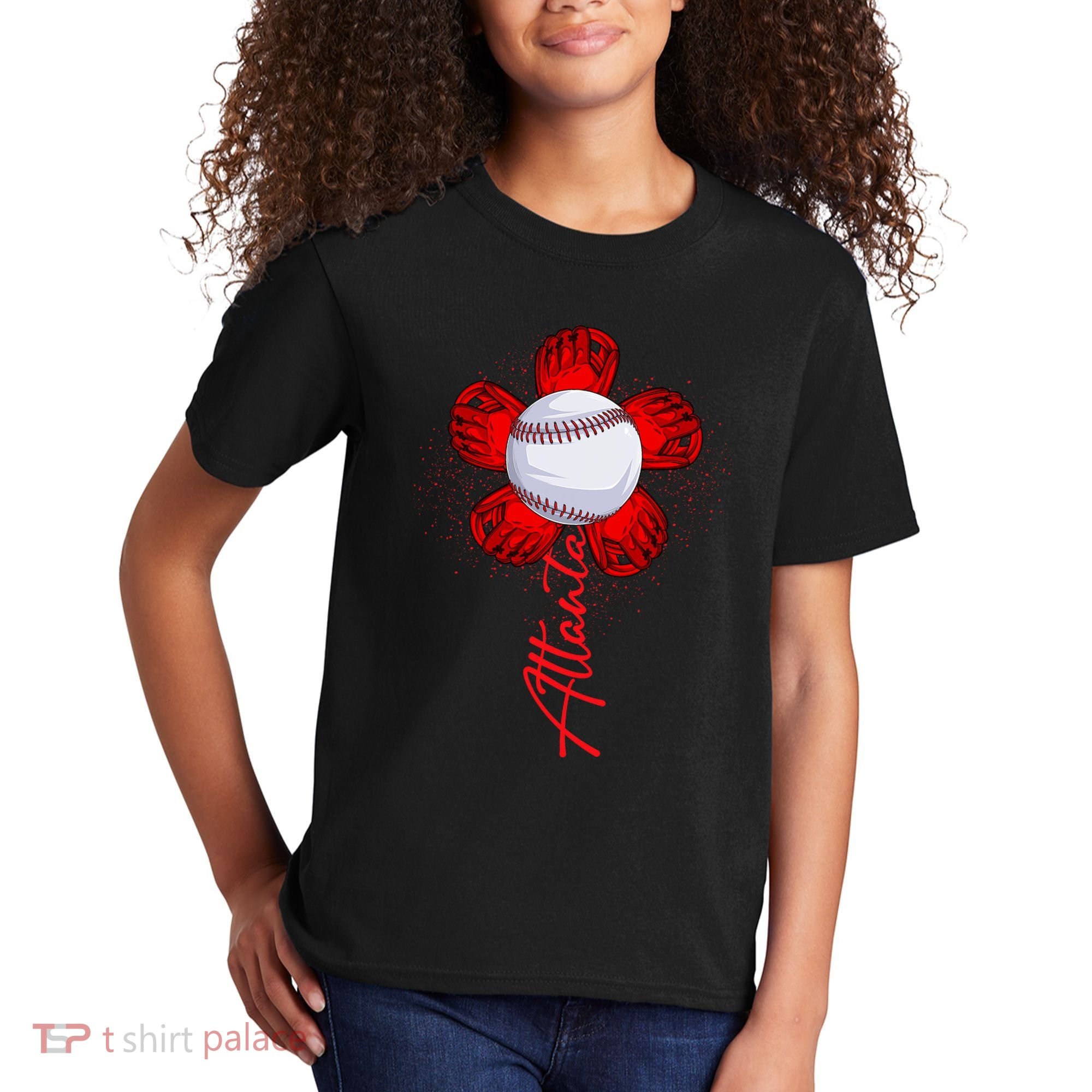 Cute Flower Atlanta Retro Baseball Lover Game Day Kids T-Shirt