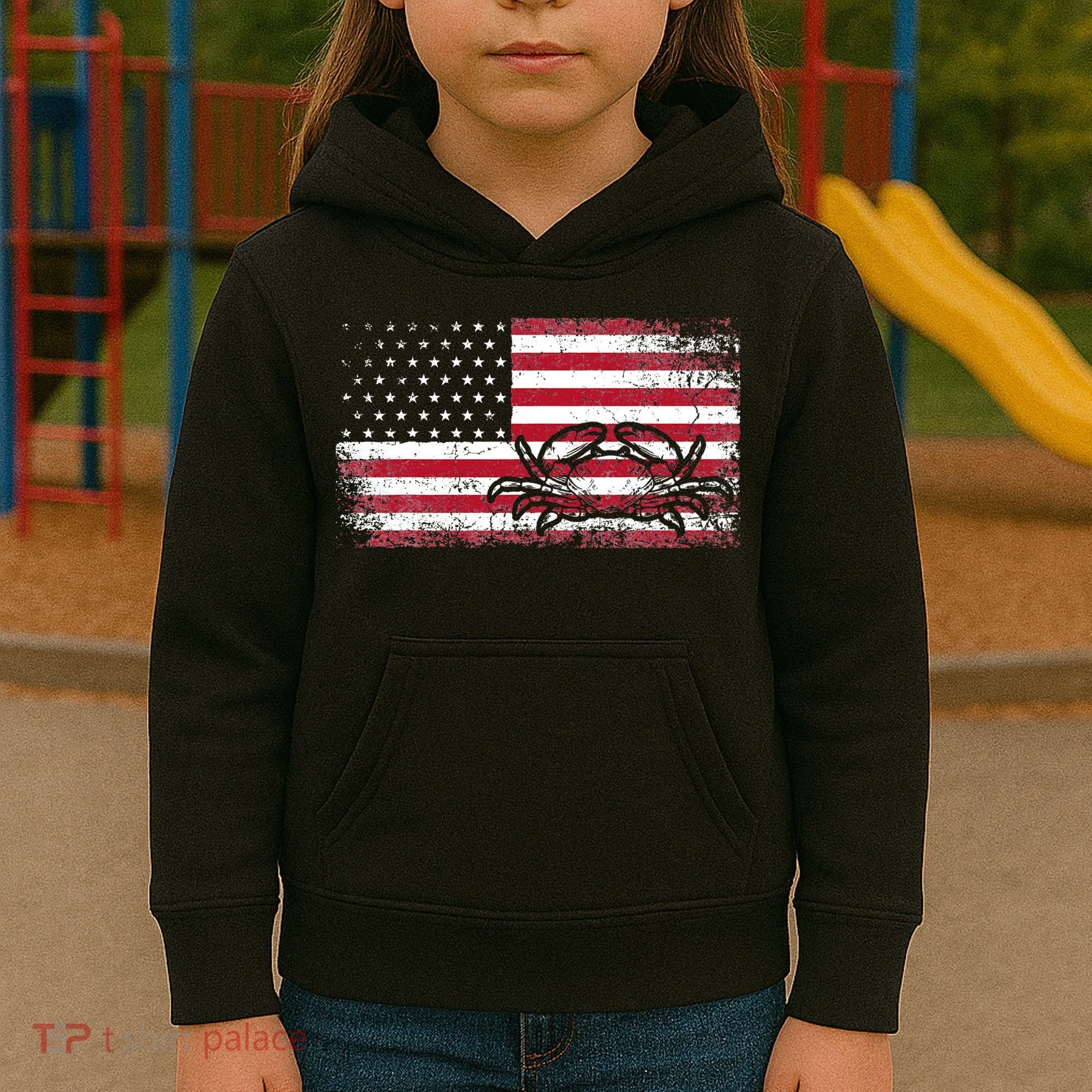 Crab Fisherman American Flag 4th of July Crabbing Kids Hoodie