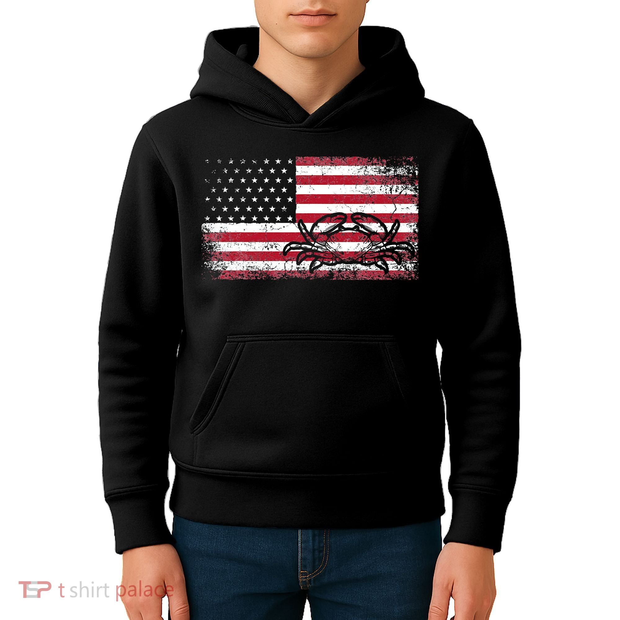 Crab Fisherman American Flag 4th of July Crabbing Kids Hoodie