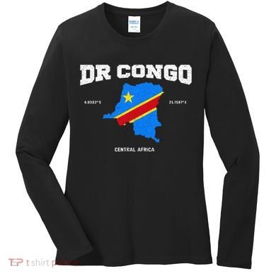 Congolese Flag And Map Dr. Congo Coordinates Women's Long Sleeve Shirt